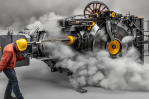 Imagen creada con IA en dreamstudio.ai para el prompt "printing machine exploding in the middle of a thunderstorm"